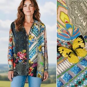 Johnny Was Multicolor Floral Butterfly Patchwork Look Tunic Blouse S M